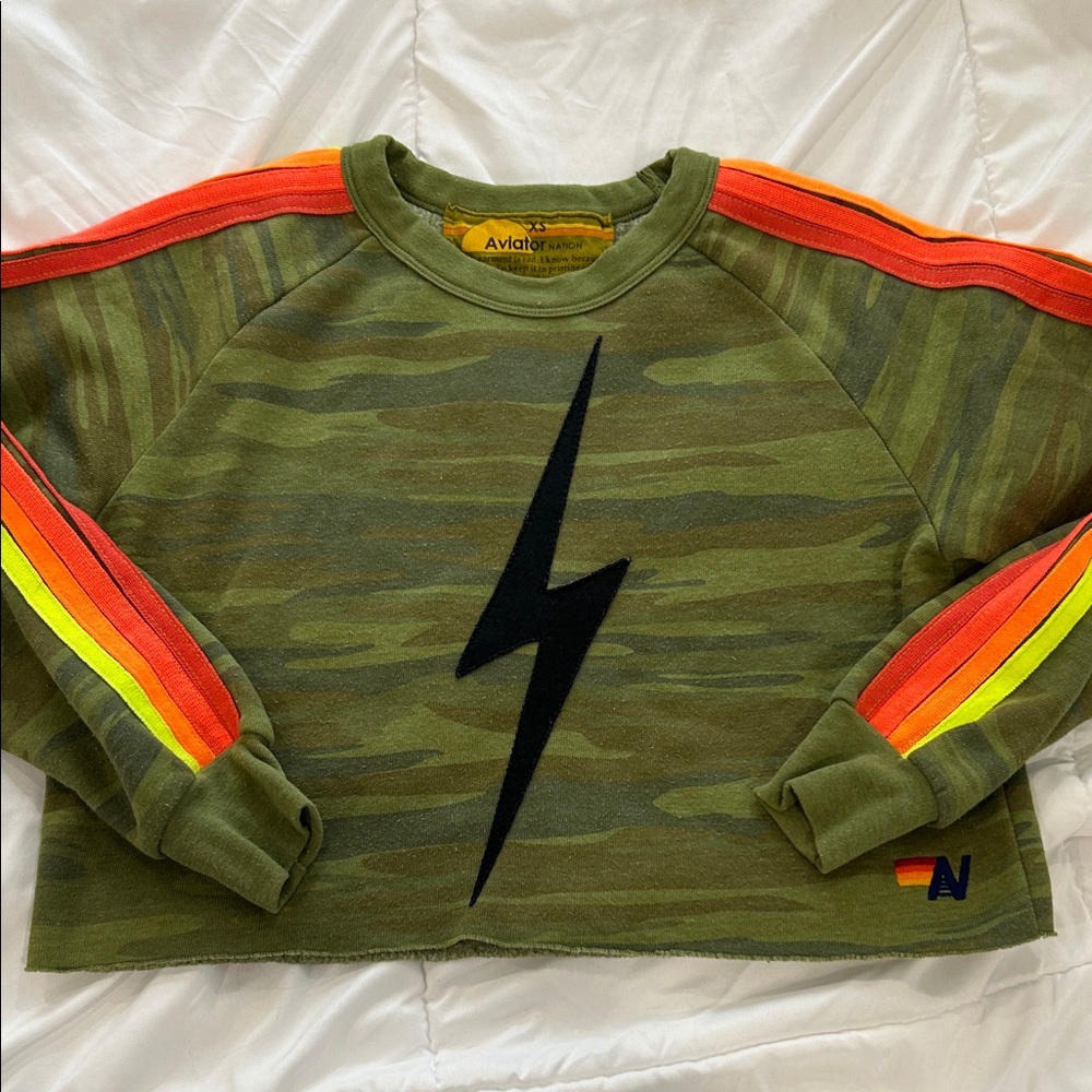 Aviator Nation Green Camo Sweatshirt with Lightning Bolt